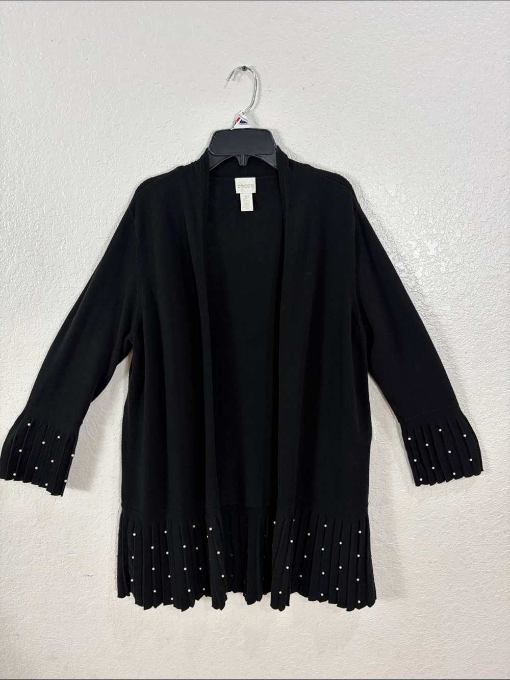 Chico's Black Open Cardigan with Studded Pleat Trim,Size 2P